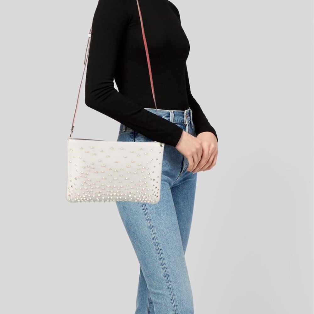 Christian Louboutin White Leather Loubiposh Clutch with Gold Spikes - Picture 2 of 9